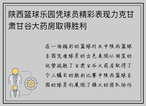 陕西篮球乐园凭球员精彩表现力克甘肃甘谷大药房取得胜利
