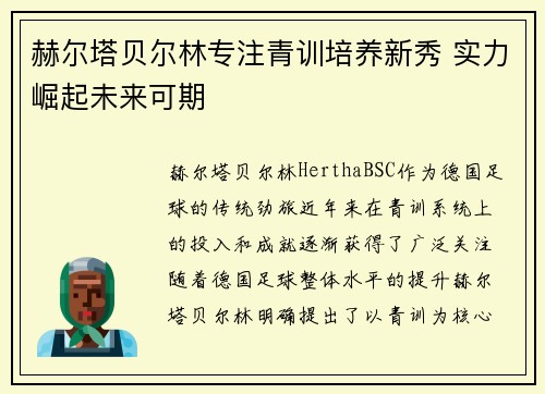 赫尔塔贝尔林专注青训培养新秀 实力崛起未来可期