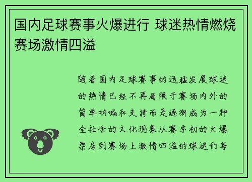 国内足球赛事火爆进行 球迷热情燃烧赛场激情四溢