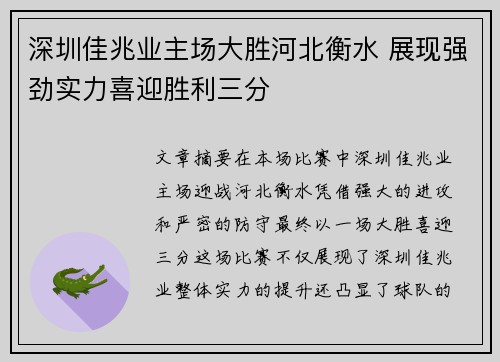 深圳佳兆业主场大胜河北衡水 展现强劲实力喜迎胜利三分