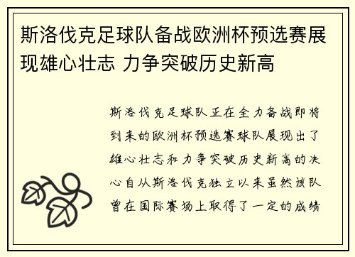 斯洛伐克足球队备战欧洲杯预选赛展现雄心壮志 力争突破历史新高