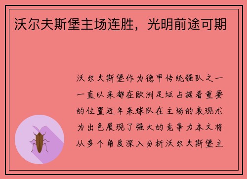 沃尔夫斯堡主场连胜，光明前途可期