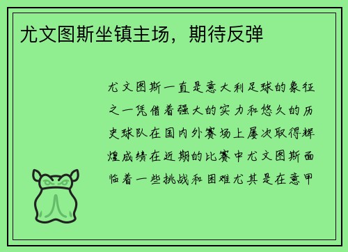尤文图斯坐镇主场，期待反弹