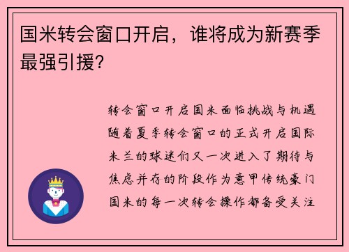 国米转会窗口开启，谁将成为新赛季最强引援？