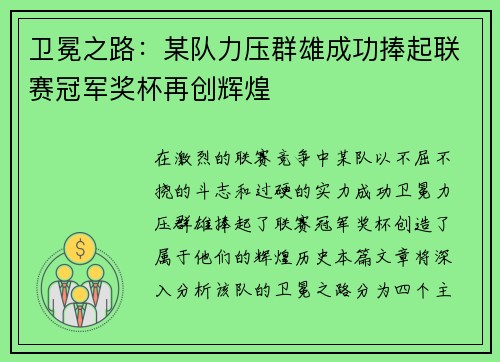 卫冕之路：某队力压群雄成功捧起联赛冠军奖杯再创辉煌
