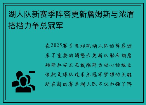 湖人队新赛季阵容更新詹姆斯与浓眉搭档力争总冠军